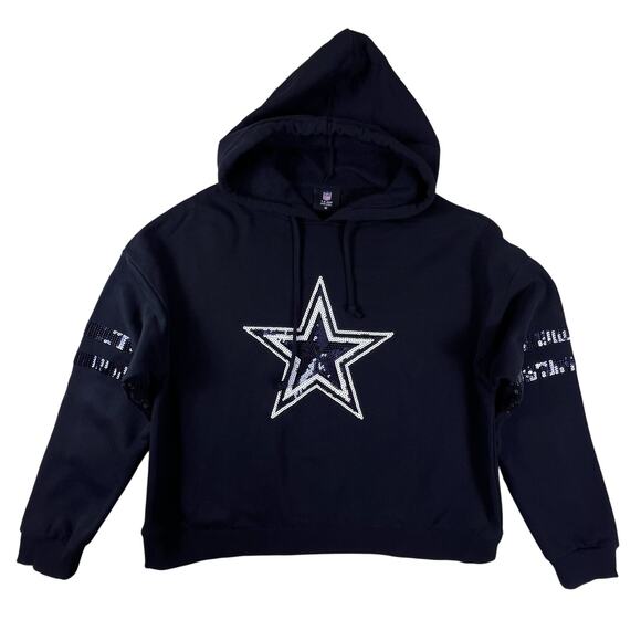 Dallas Cowboys Cropped Hoodie M Sequin Star Cozy Black Fleece Pullover NFL Cuce - Picture 3 of 13